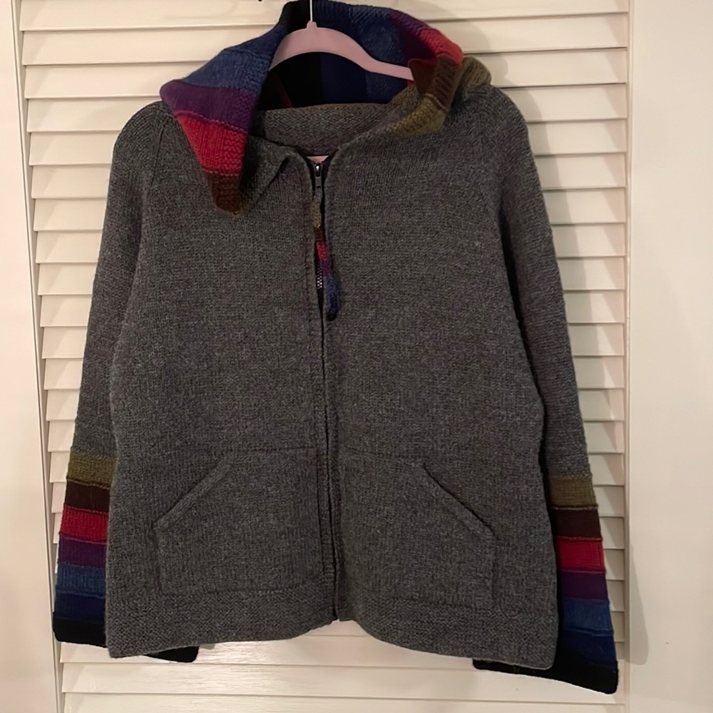 C&C Wool Gray ZipUp Multi Colored Striped Sleeves and Oversized Hood Sweater